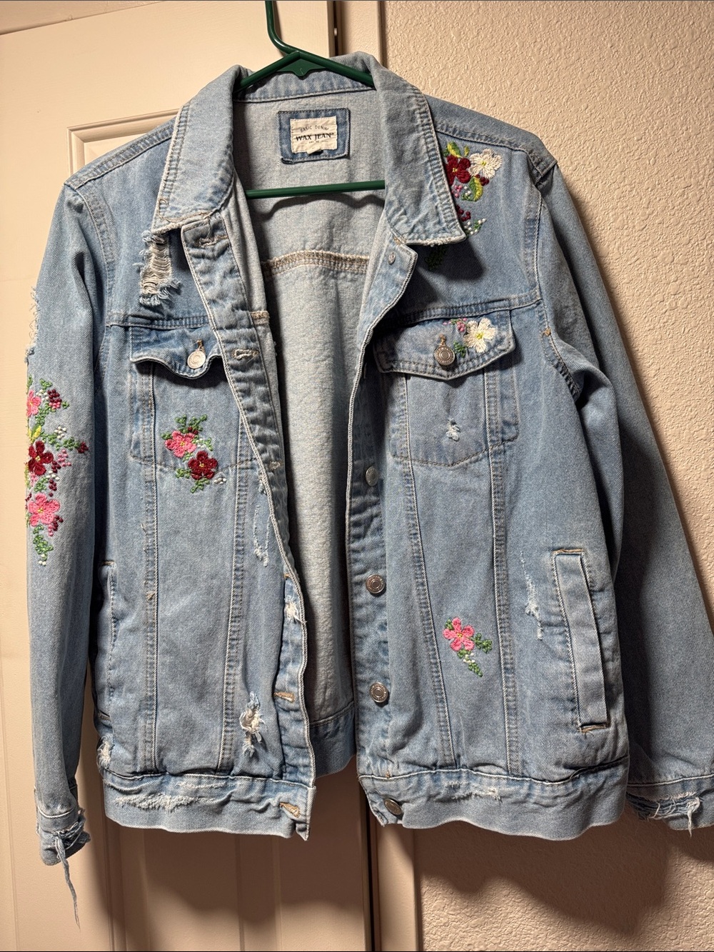 Wax Jean Light Blue Denim Jacket with Floral Embroidery